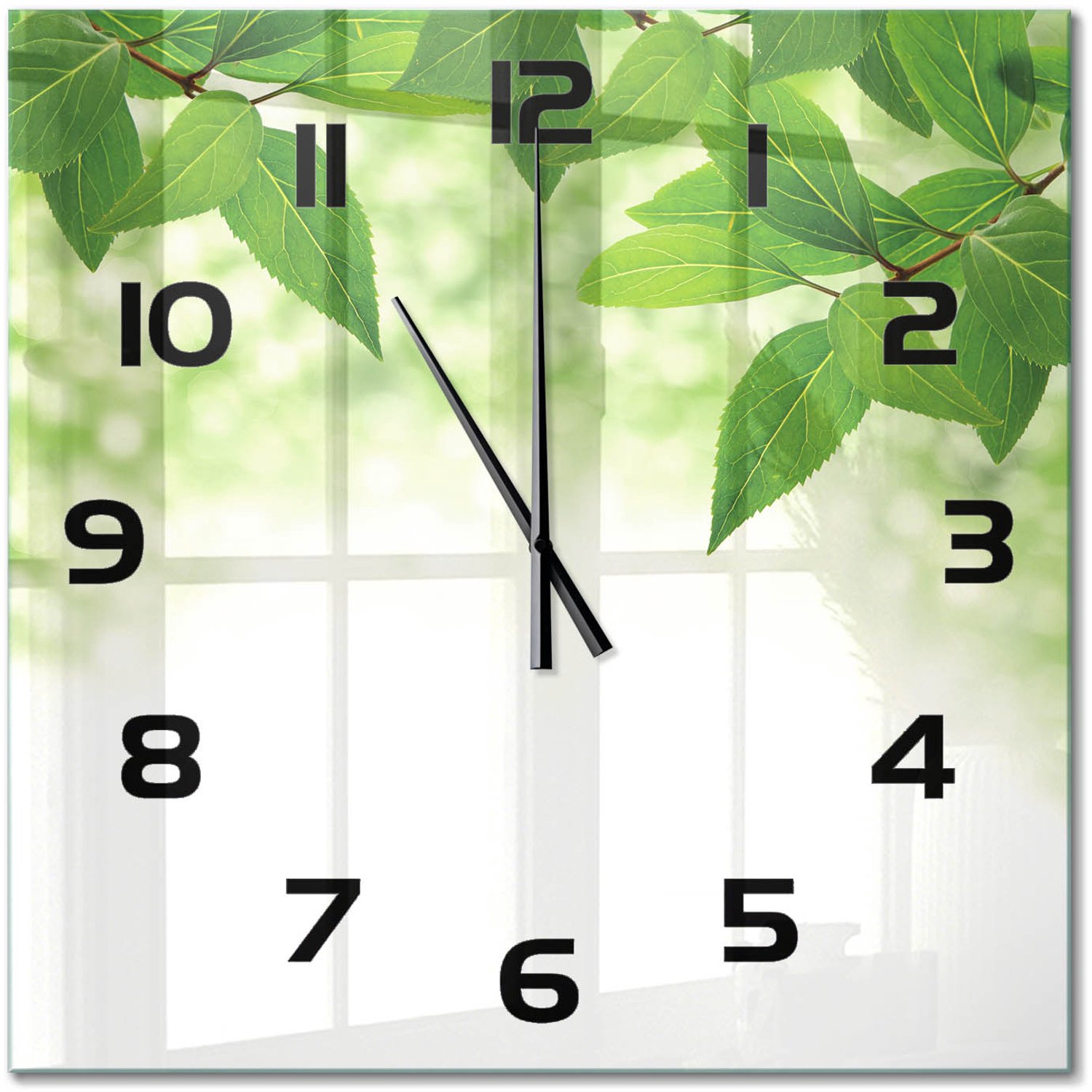 TULUP Wandklok - Groene bladeren Wandklok Glas Met Motief - 60x60 cm - Groente Decoratieve Glazen Klok - Zwarte handen - Vierkante Klok - Gekleurde Glazen Klok - Glazen Klok Met Print