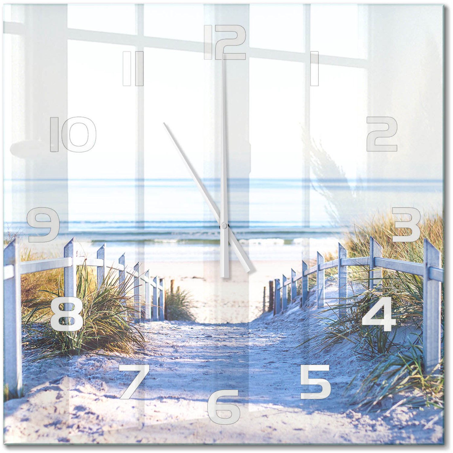 TULUP Wandklok - Kustduinen Glazen Wandklok Design - 60x60 cm - Beige Klok Glas Met Opdruk - Witte handen - Vierkante Klok - Wandklok Glas Met Motief - Decoratieve Glazen Klok