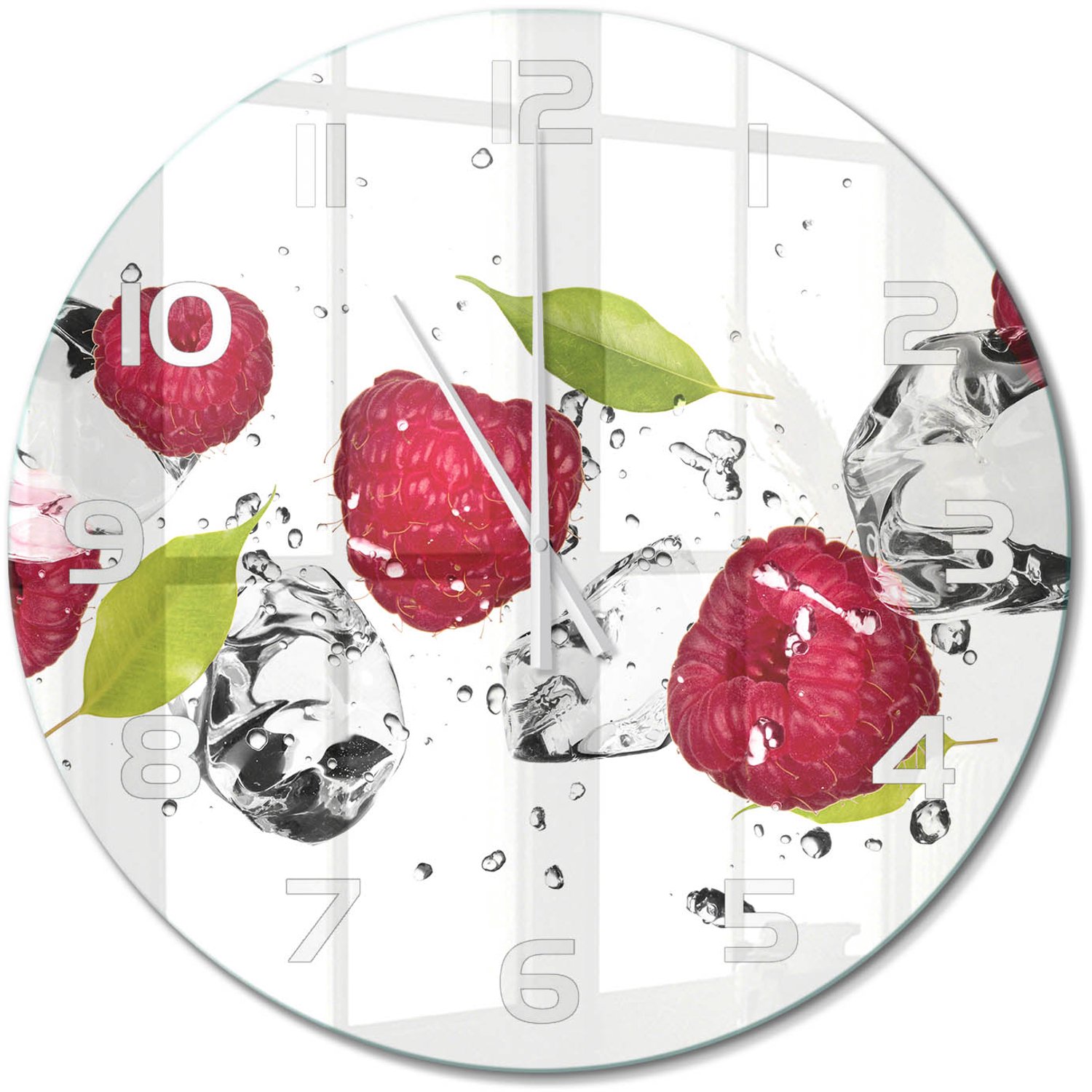 TULUP Wandklok - Framboos en water Wandklok Glas Decoratie - fi60 cm - Roze Gekleurde Glazen Klok - Witte handen - Ronde Klok - Klok Glas Met Opdruk - Moderne Wandklok Glas
