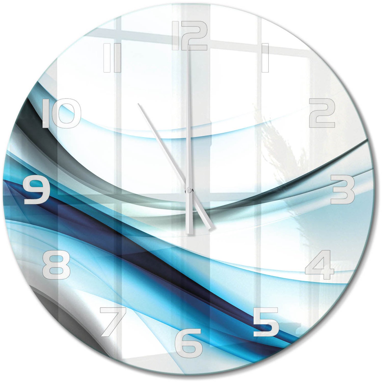 TULUP Wandklok - Golfabstractie Glazen Klok Met Print - fi60 cm - Blauw Wandklok Glas Met Motief - Witte handen - Ronde Klok - Wandklok Glas Decoratie - Gekleurde Glazen Klok