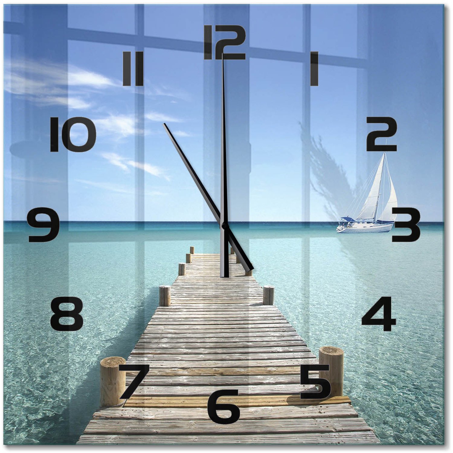TULUP Wandklok - Houten brug Decoratieve Glazen Klok - 60x60 cm - Blauw Glazen Wandklok Design - Zwarte handen - Vierkante Klok - Glazen Klok Met Print - Wandklok Glas Met Motief