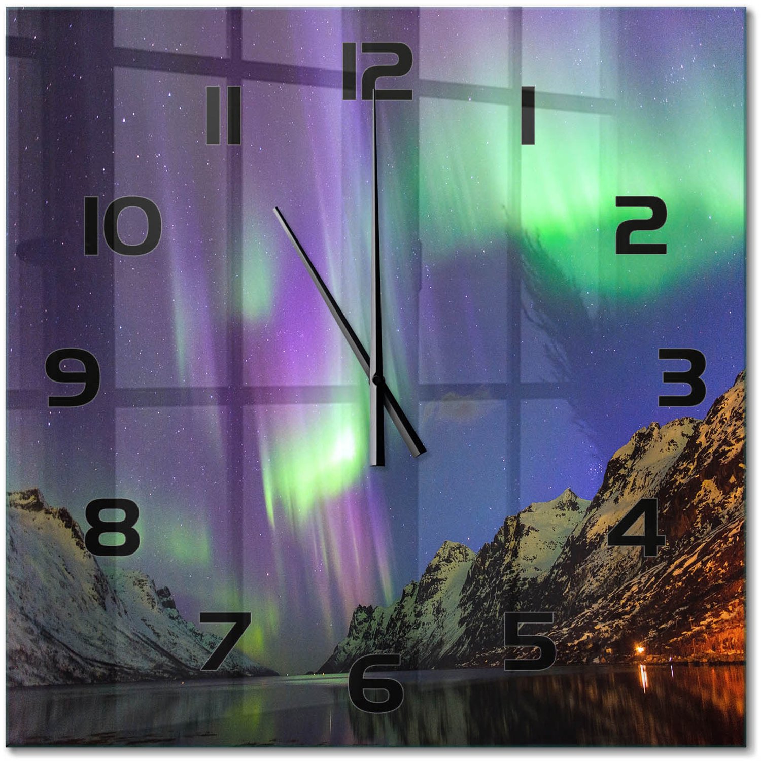 TULUP Wandklok - Noorderlicht Decoratieve Glazen Klok - 60x60 cm - Groente Glazen Wandklok Design - Zwarte handen - Vierkante Klok - Glazen Klok Met Print - Wandklok Glas Met Motief