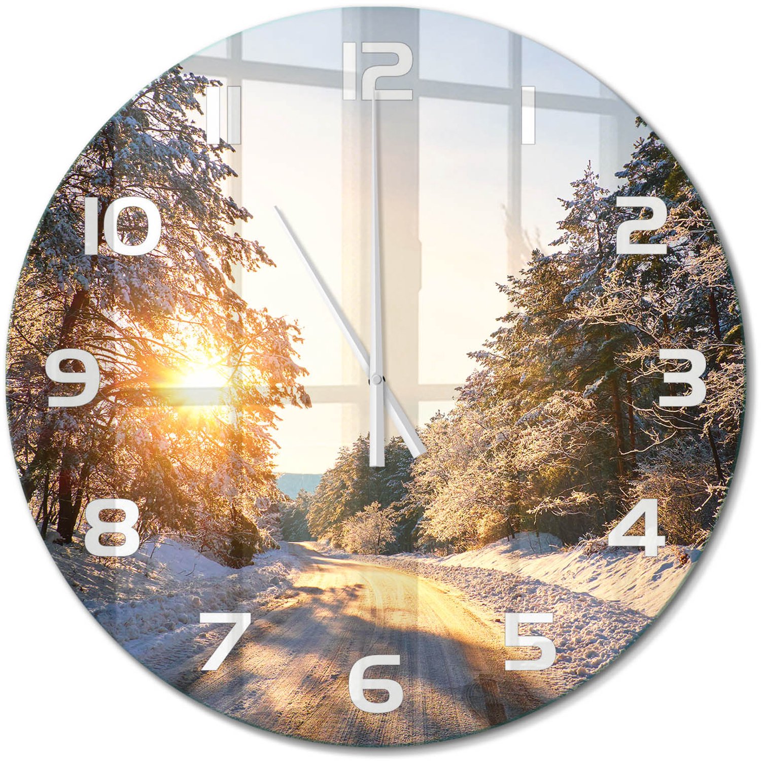 TULUP Wandklok - Een straat in het Winterbos. Wandklok Glas Met Motief - fi60 cm - Geel Decoratieve Glazen Klok - Witte handen - Ronde Klok - Gekleurde Glazen Klok - Glazen Klok Met Print