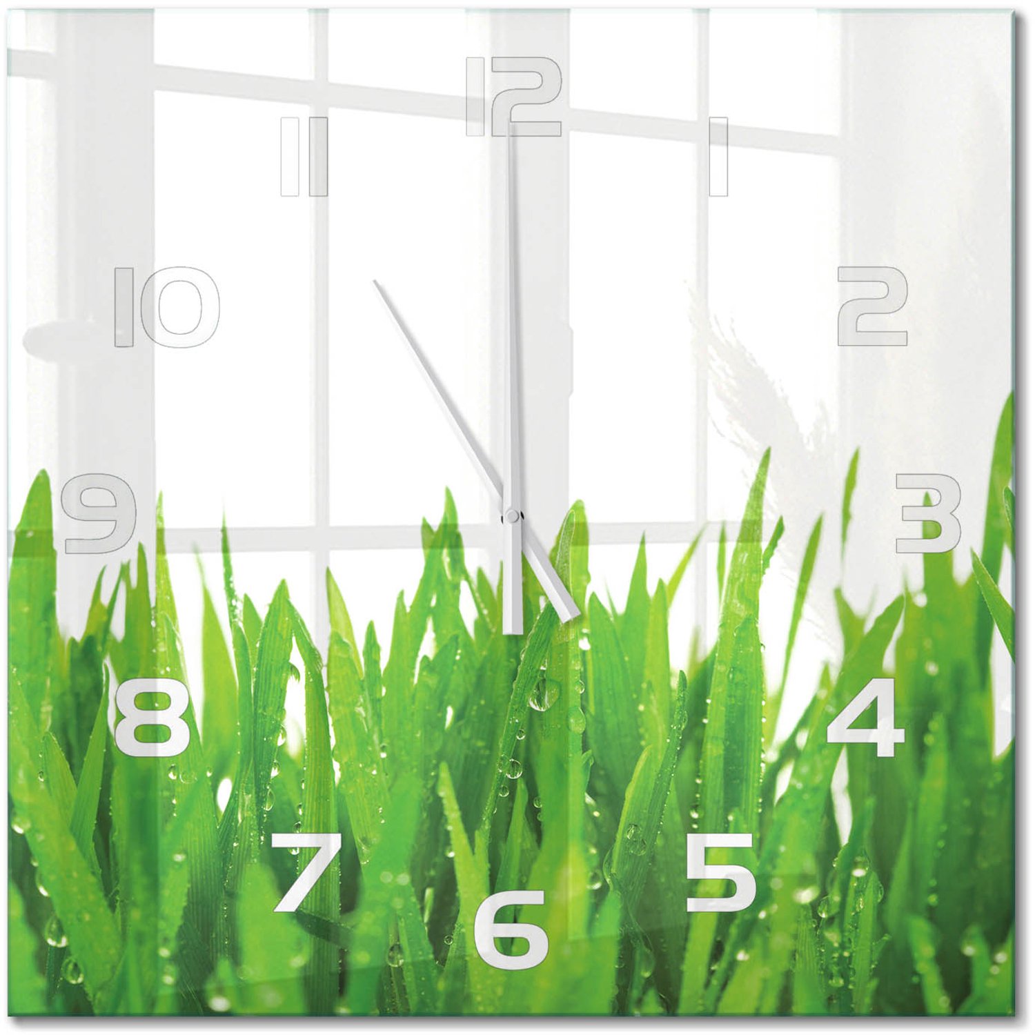 TULUP Wandklok - Gras Moderne Wandklok Glas - 60x60 cm - Groente Wandklok Glas Decoratie - Witte handen - Vierkante Klok - Glazen Wandklok Design - Klok Glas Met Opdruk