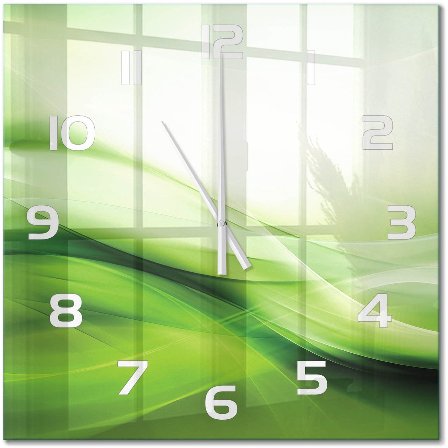 TULUP Wandklok - Groene golven achtergrond Gekleurde Glazen Klok - 60x60 cm - Groente Glazen Klok Met Print - Witte handen - Vierkante Klok - Moderne Wandklok Glas - Wandklok Glas Decoratie