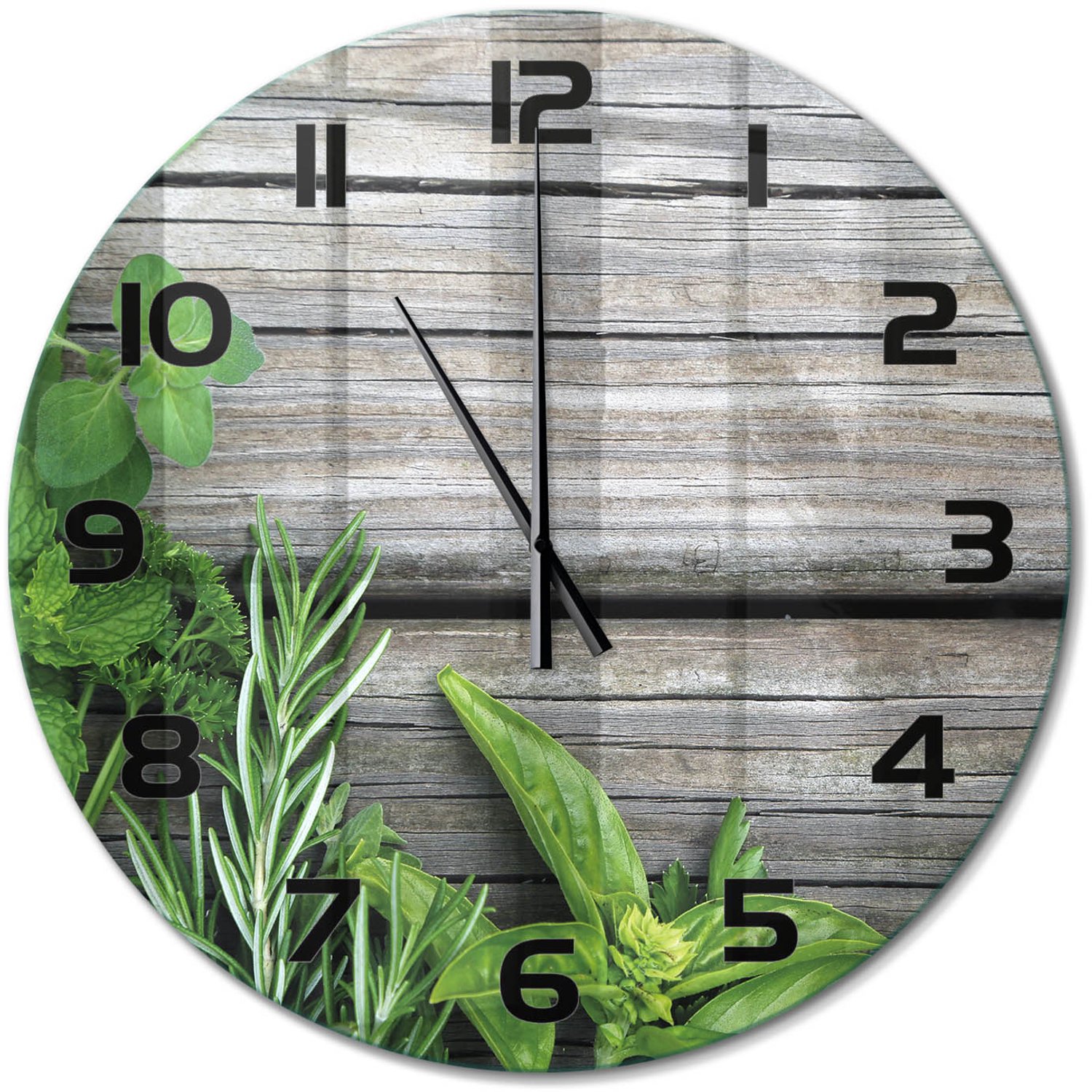 TULUP Wandklok - Houten kruidenachtergrond Glazen Wandklok Design - fi60 cm - Groente Klok Glas Met Opdruk - Zwarte handen - Ronde Klok - Wandklok Glas Met Motief - Decoratieve Glazen Klok