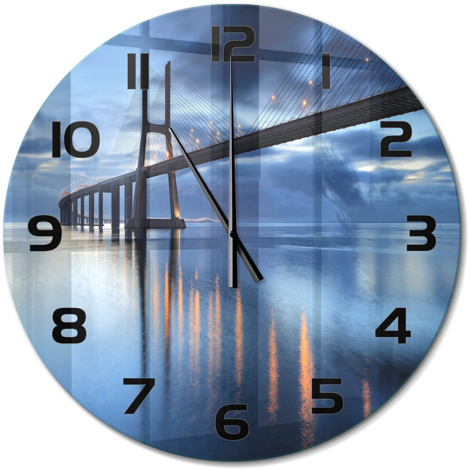 TULUP Wandklok - Verlichte Brug Wandklok Glas Decoratie - fi60 cm - Blauw Gekleurde Glazen Klok - Zwarte handen - Ronde Klok - Klok Glas Met Opdruk - Moderne Wandklok Glas