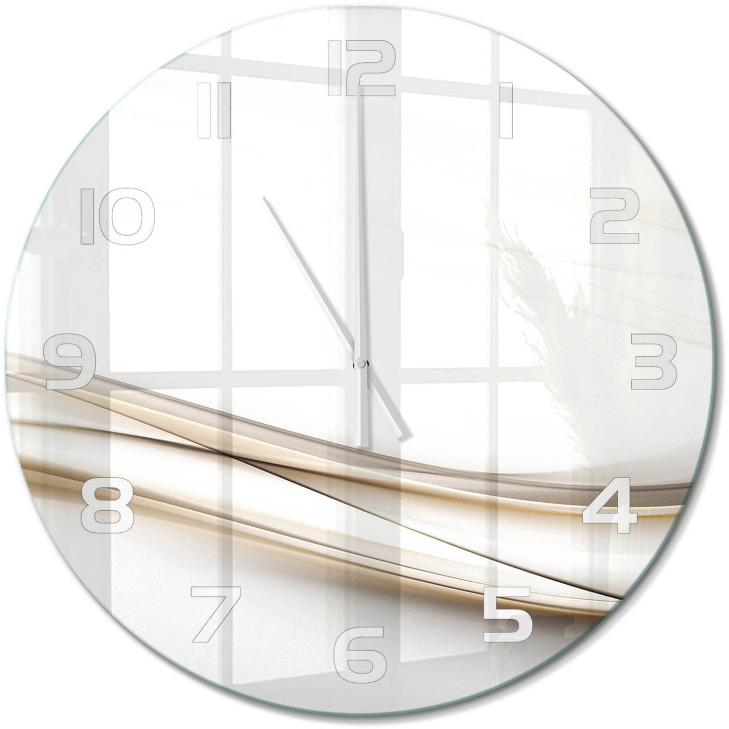 TULUP Wandklok - Golfabstractie Wandklok Glas Met Motief - fi60 cm - Beige Decoratieve Glazen Klok - Witte handen - Ronde Klok - Gekleurde Glazen Klok - Glazen Klok Met Print