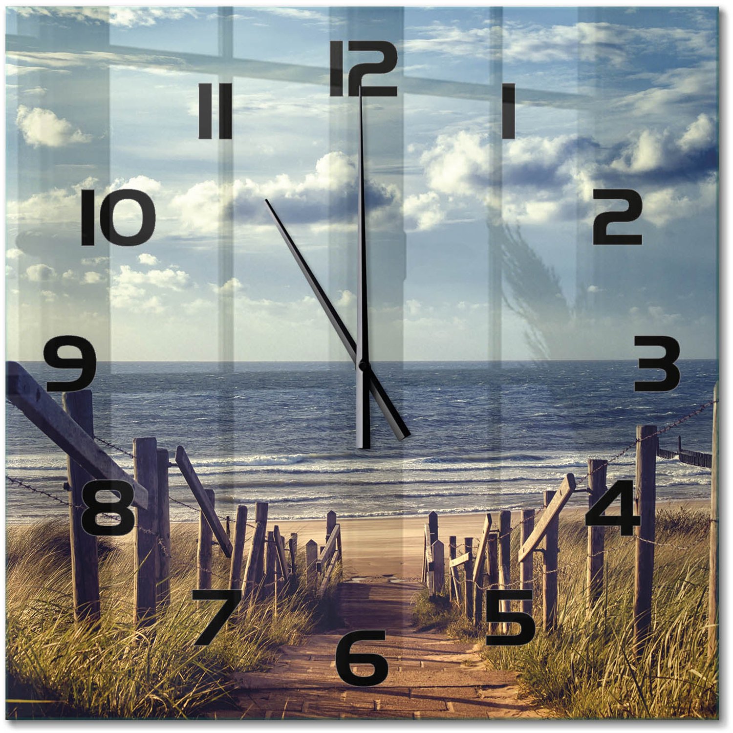 TULUP Wandklok - De weg naar het strand Decoratieve Glazen Klok - 60x60 cm - Blauw Glazen Wandklok Design - Zwarte handen - Vierkante Klok - Glazen Klok Met Print - Wandklok Glas Met Motief