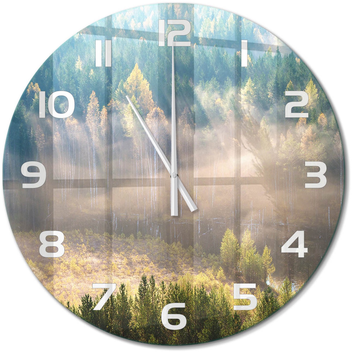TULUP Wandklok - Mist in het bos Wandklok Glas Decoratie - fi60 cm - Groente Gekleurde Glazen Klok - Witte handen - Ronde Klok - Klok Glas Met Opdruk - Moderne Wandklok Glas