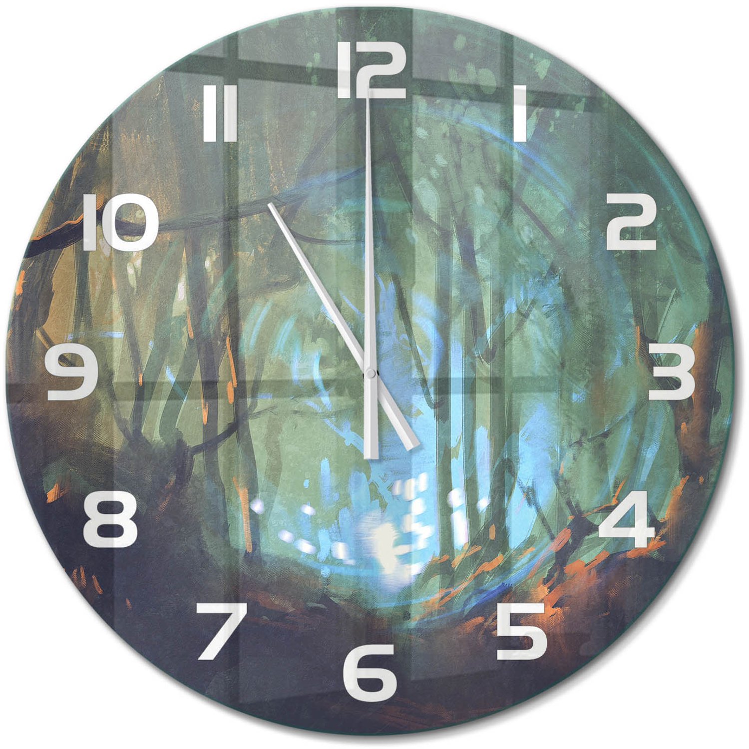 TULUP Wandklok - Mystiek bos Klok Glas Met Opdruk - fi60 cm - Blauw Moderne Wandklok Glas - Witte handen - Ronde Klok - Decoratieve Glazen Klok - Glazen Wandklok Design