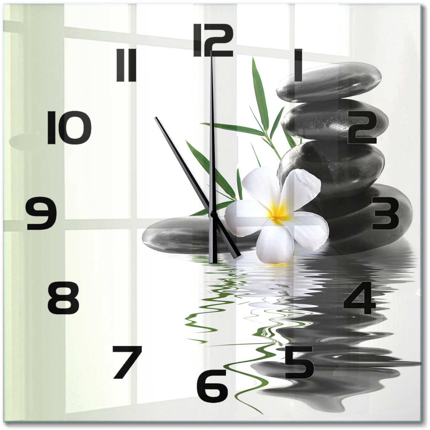 TULUP Wandklok - Orchidee en stenen Gekleurde Glazen Klok - 60x60 cm - Zwart Glazen Klok Met Print - Zwarte handen - Vierkante Klok - Moderne Wandklok Glas - Wandklok Glas Decoratie