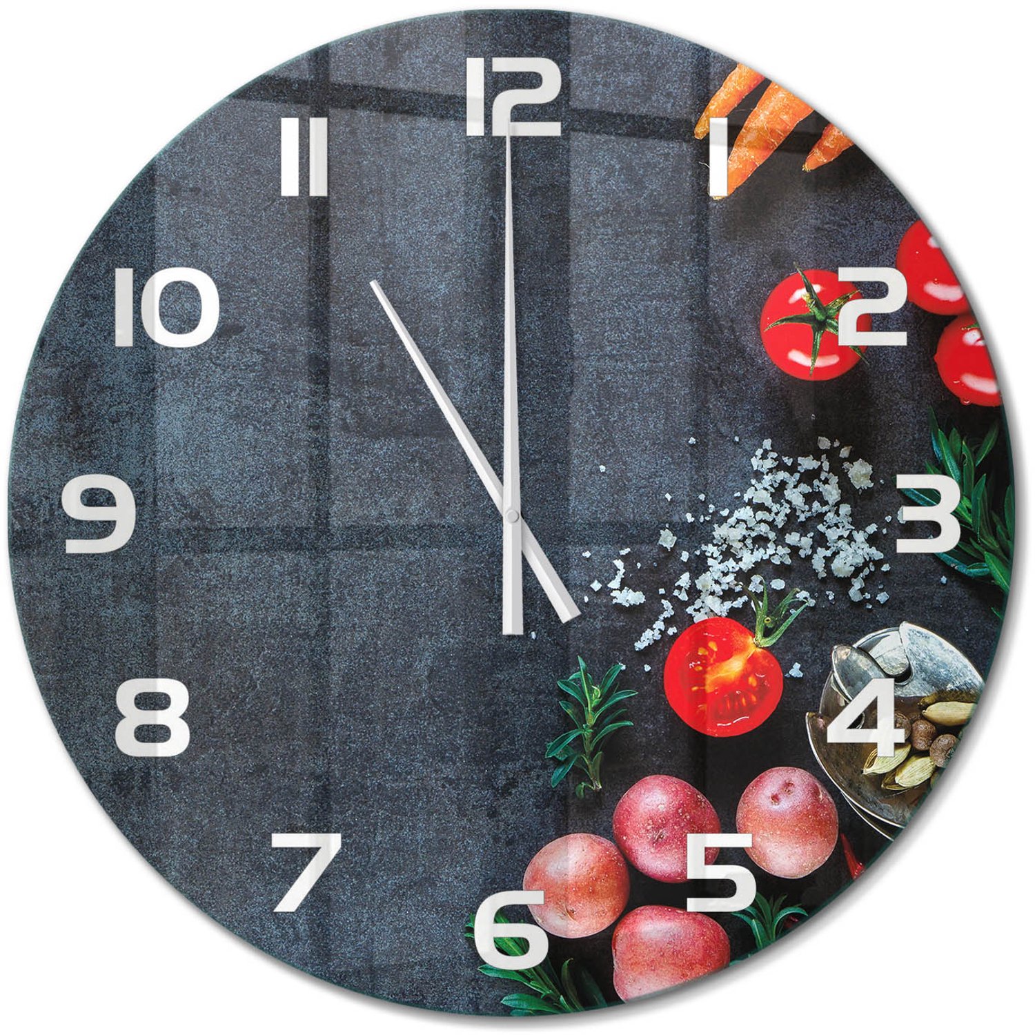 TULUP Wandklok - Ingrediënten Wandklok Glas Decoratie - fi60 cm - Veelkleurig Gekleurde Glazen Klok - Witte handen - Ronde Klok - Klok Glas Met Opdruk - Moderne Wandklok Glas