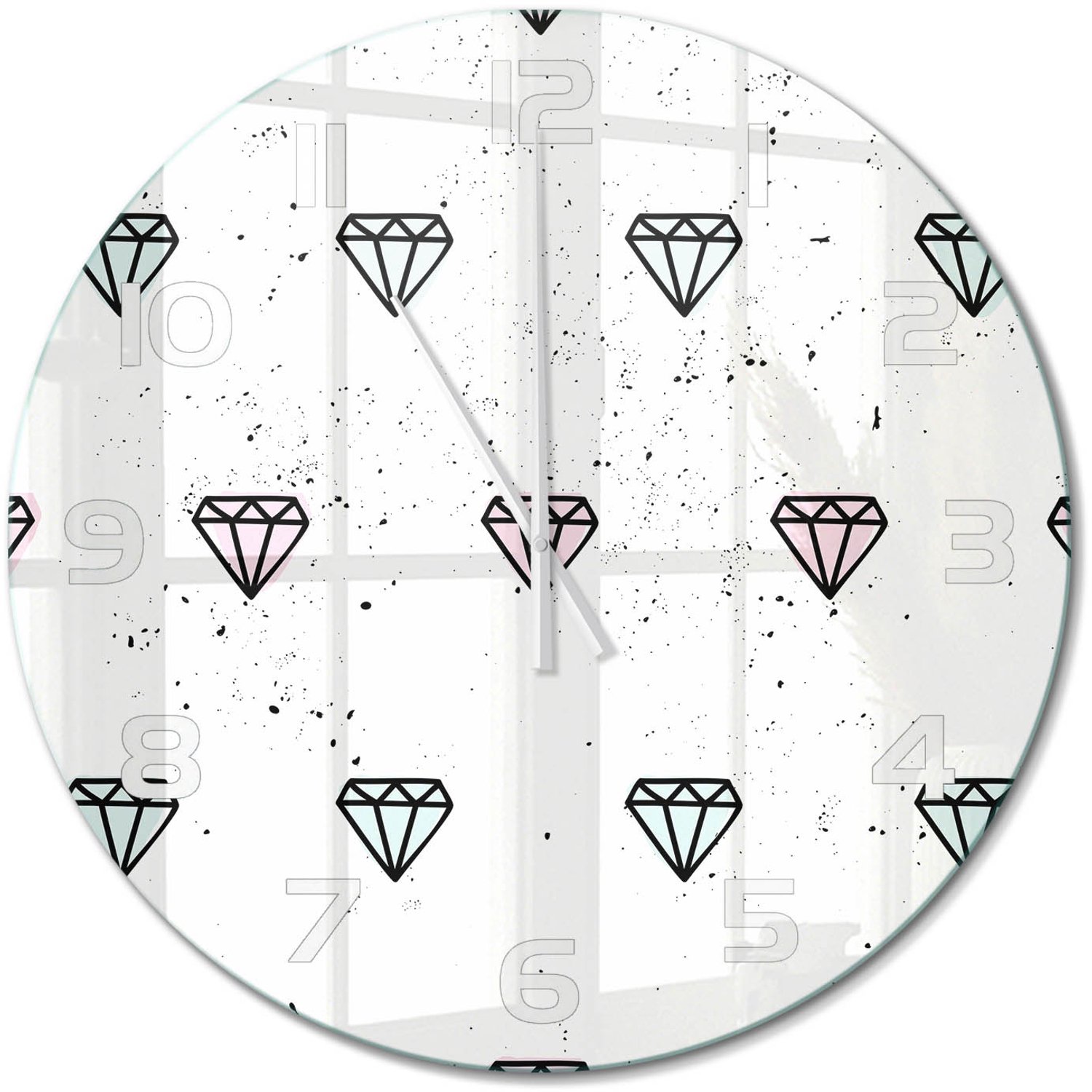 TULUP Wandklok - Diamanten Moderne Wandklok Glas - fi60 cm - Veelkleurig Wandklok Glas Decoratie - Witte handen - Ronde Klok - Glazen Wandklok Design - Klok Glas Met Opdruk