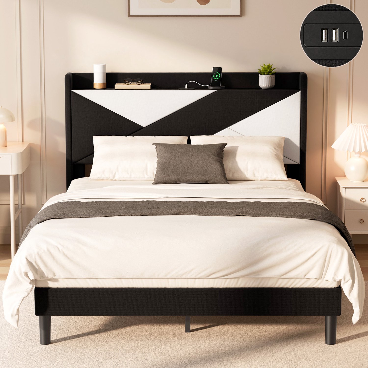 KUTAS 2 Persoons Bed 140x190 cm - Tweepersoonsbed - Met Lattenbodem - Gestoffeerd Hoofdbord - Geluidsarm Ontwerp - 2 USB-A + 1 USB-C Oplaadpoorten - Draagkracht 500 kg Kleuren mengen
