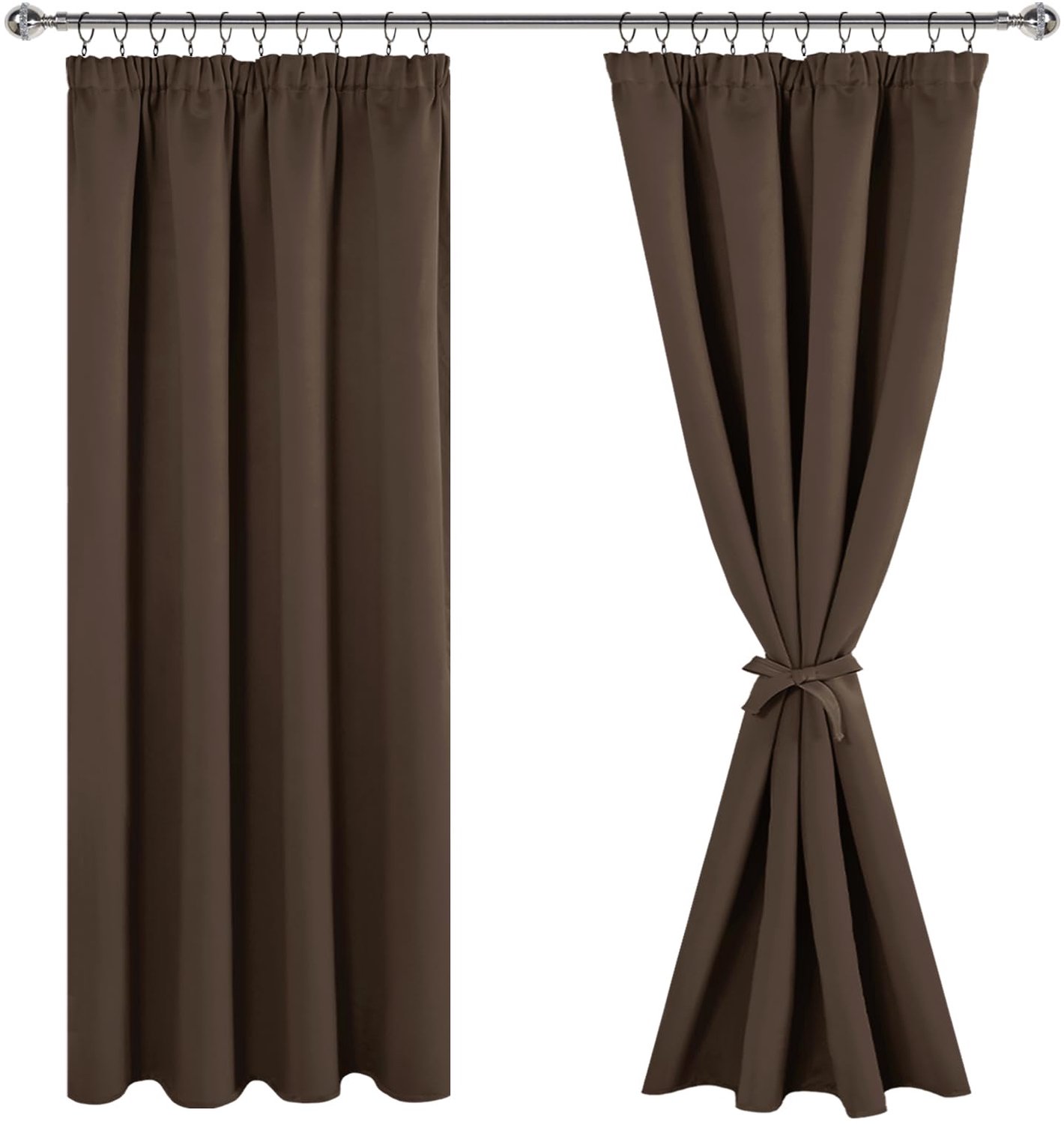 Famanu Verduisterende gordijnen met plooiband, set van 2 stuks, thermisch geïsoleerd en met UV-bescherming, 140 x 200 cm, bruin, perfect voor het reguleren van kamertemperatuur en het blokkeren van ongewenst licht in woonkamer of slaapkamer
