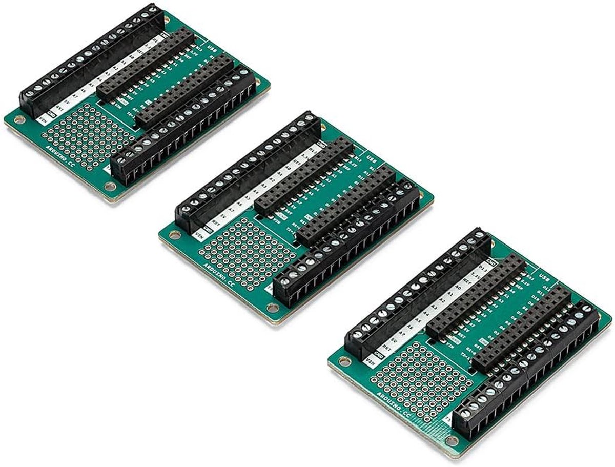 Arduino Nano Screw Terminal Adapter (3 Boards Pack) [ASX00037-3P] - Set van 3 adapters voor Arduino Nano, maakt eenvoudige bedrading met schroefaansluitingen mogelijk voor prototyping en projecten.