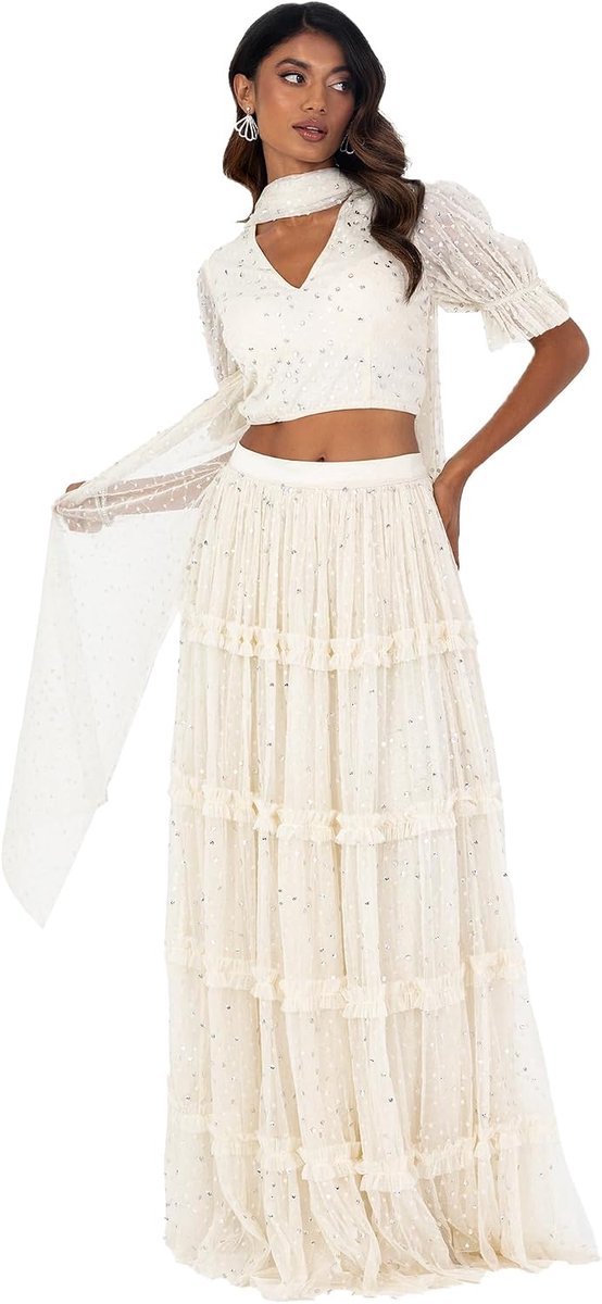 Deluxe Dames Indiase traditionele jurk outfit Lengha Choli Lehenga Saree rok en top Dupatta Coord Set voor bruiloftsgast, Crème Zilver, 16