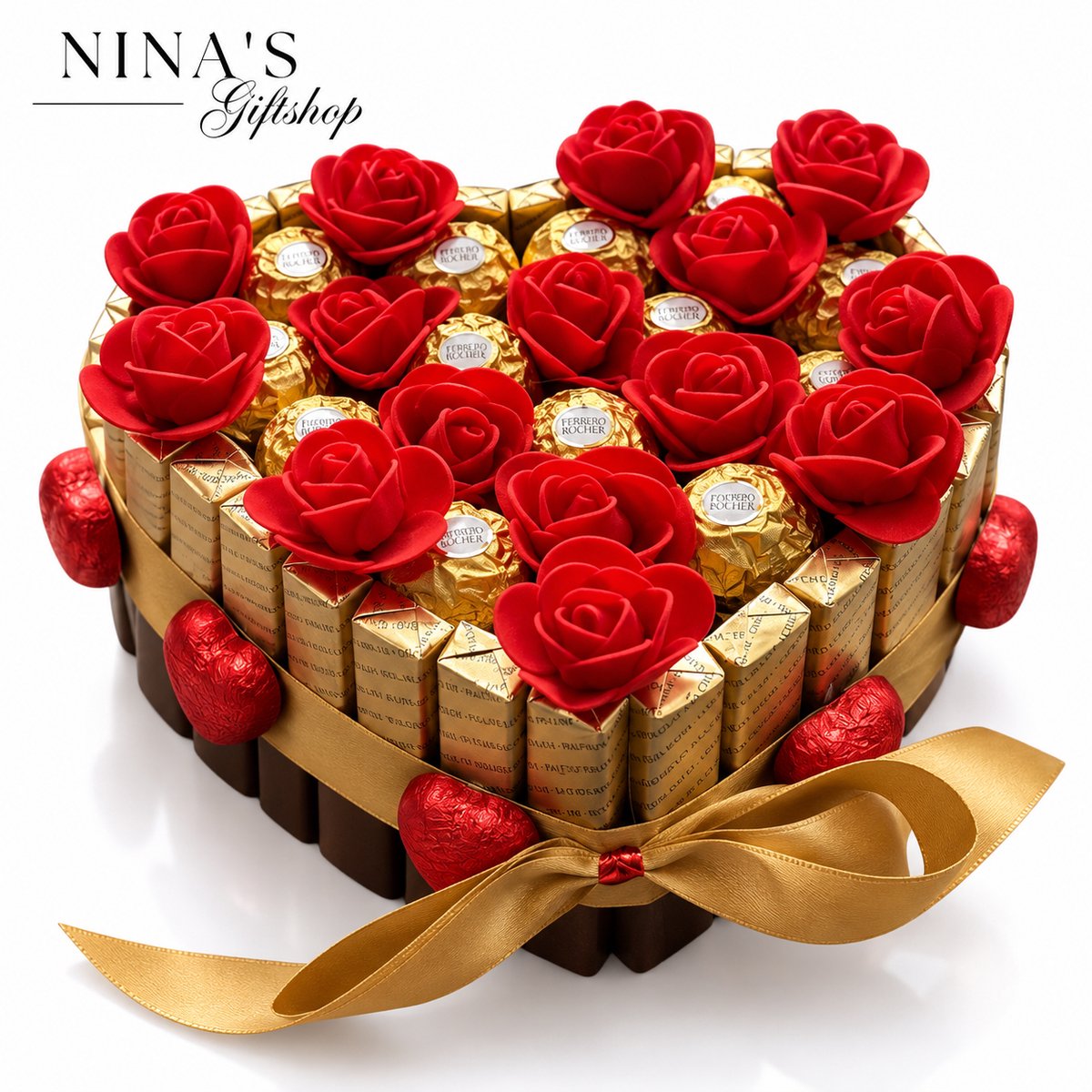 Nina’s Giftshop® Chocolade Hart – Ferrero Rocher & Merci – Rode Rozen – Handgemaakt Cadeau voor Haar & Vrouw