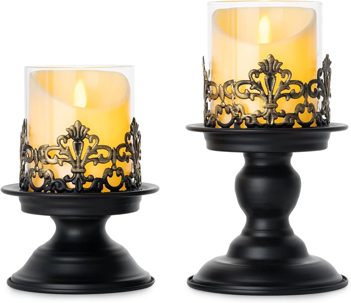 Kandelaar voor stompkaarsen, gothic metalen kandelaar met glazen mouwen, vintage decoratieve kaarsenhouder voor eettafel, middenstuk, 2 stuks, klein + groot, zwart