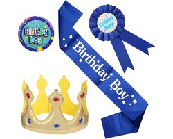 Verjaardagsjongen Sjerp Set, 4-delige Verjaardagskroon en Jerp Pins, Versiering voor Jongens Verjaardagsfeest Accessoires
