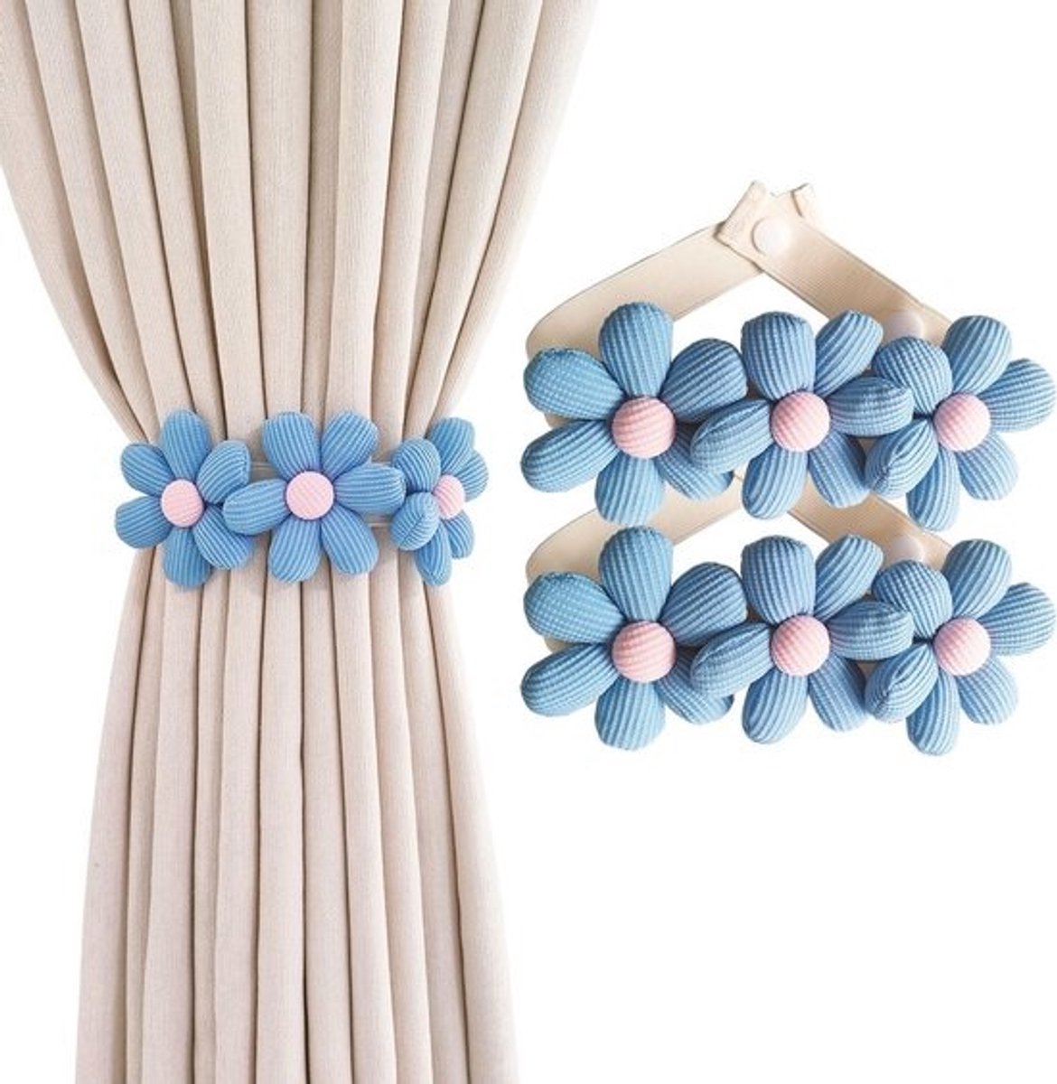 Gordijnbinders Bloem - Gordijnbanden Decoratief - Gordijnen Versieren - Modieuze Bloemvorm - 2 stuks - Blauw