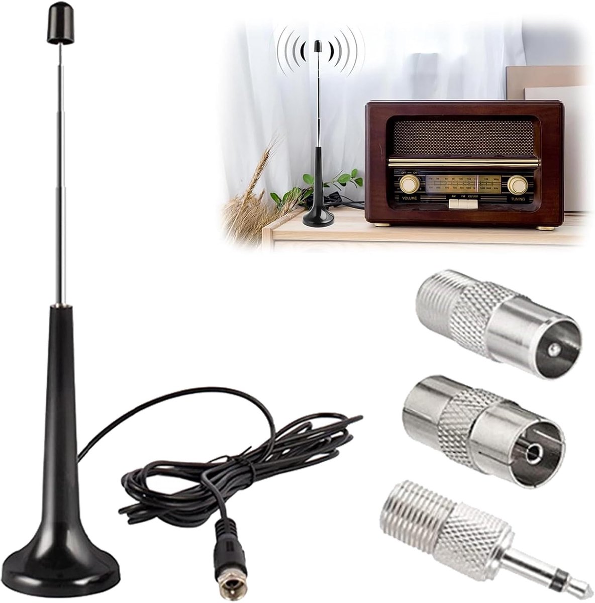 radio-antenne, magnetische voet met 3 meter verlengkabel en drie aansluitadapters, DAB+ FM-radio-antenne, coaxiaal, voor hifi-systemen, AV-ontvanger, draagbare radio's