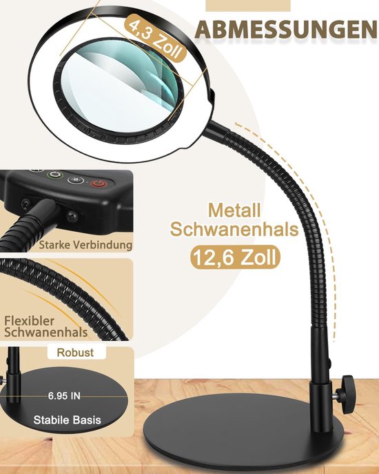 15 x vergrootglas met licht en standaard, 5 kleurmodi, traploos dimbare led-verlichte bureaulamp, handen vrij, flexibele zwanenhals, loep met licht voor handwerk, hobby, schilderen, werken — afbeelding 3