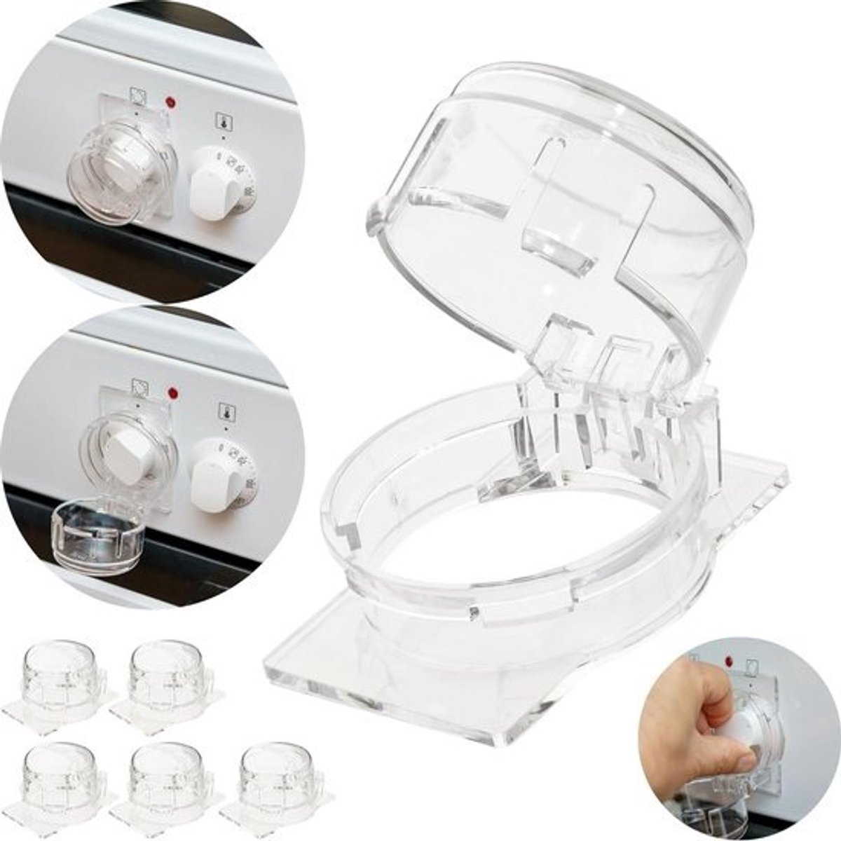 Kookknop kinderbeveiliging, set voor 6 knoppen, montage zonder knop, demontage, voor max. Ø 51 x 45 mm fornuisknoppen met min. 63 mm afstand, transparante lijm, kookplaatbescherming kinderbeveiliging,