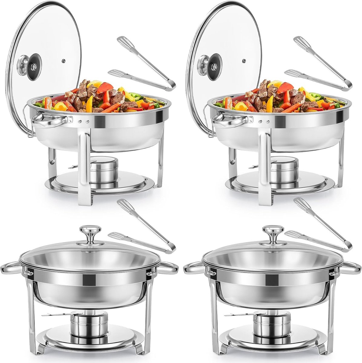 Chafing dish rond met glazen deksel, Buffet set van 4, RVS voedselwarmer kit 5,5 liter, Bain Marie met brandpasta houder, voor partijen buffetten banketten diners