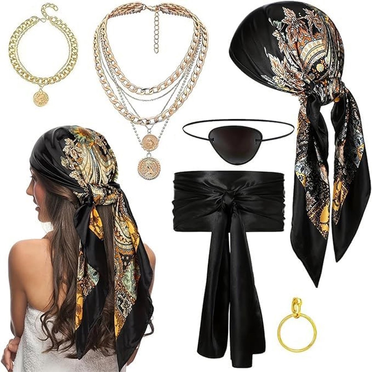 kostuum accessoireset voor volwassenen - carnaval Halloween accessoires: sjaal, riem, armband, halsketting, ringen, oogpatch met één oog