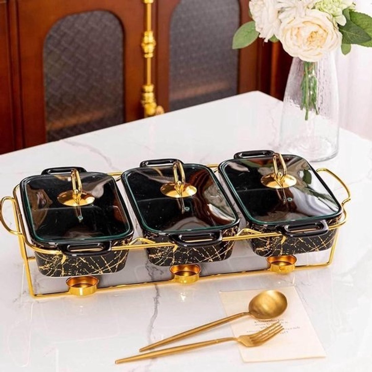 Buffetwarmers Set - Serveerschalen - Gerechten Warm Houden - Keramische Marmerlook - 3 x 09L - Zwart