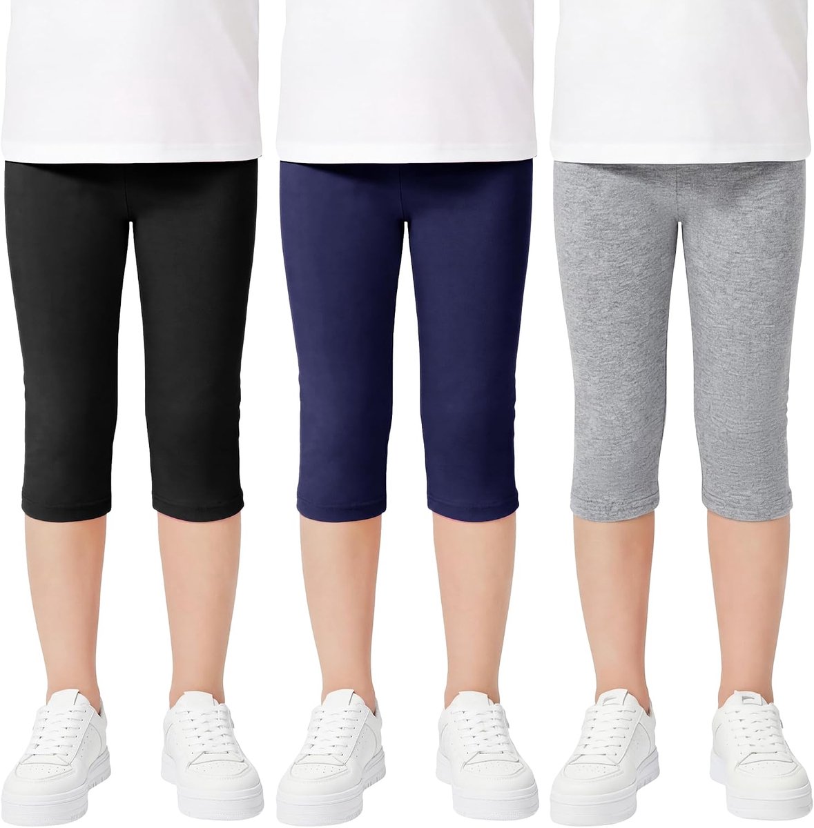 meisjeslegging 3/4 katoenen capribroek, 3-pack, kinderen Ademende zachte capribroeken Comfortabele zomer Eenkleurige sportleggings Actieve kleding, maat 116-158, 6-13 jaar