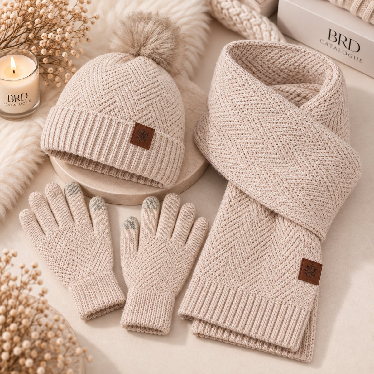 BRD® Winterset met Wol Beige - Muts met Pompon Sjaal Handschoenen - Unisex — cadeau in Mode & Accessoires - foto 6