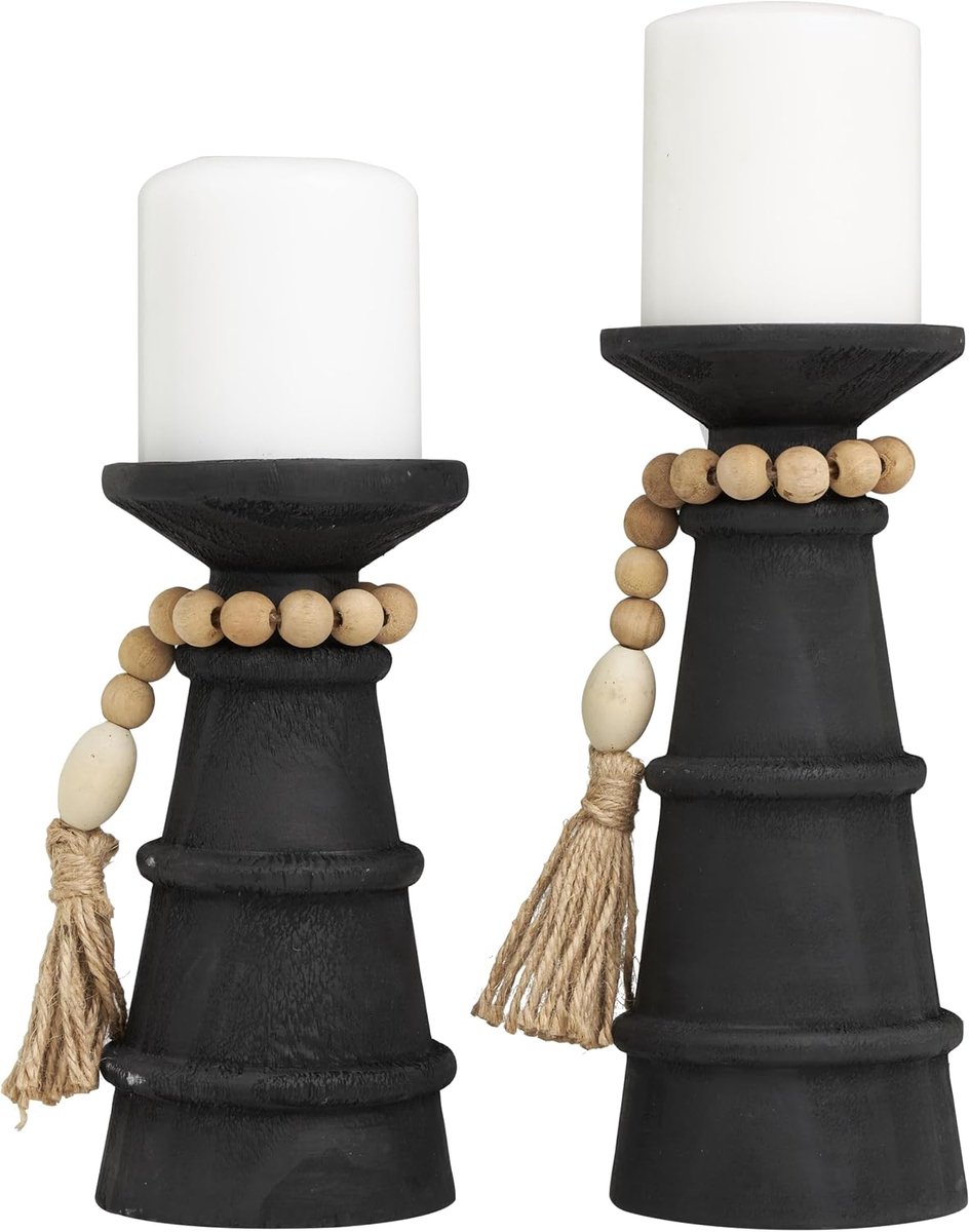79 Hout Handgemaakte Decoratieve Kaarsenhouder Getextureerde Matte Kaarsenstandaard met Kralen Garland Accent, Set van 2 Kandelaar Houder 10 ", 8" H, Zwart