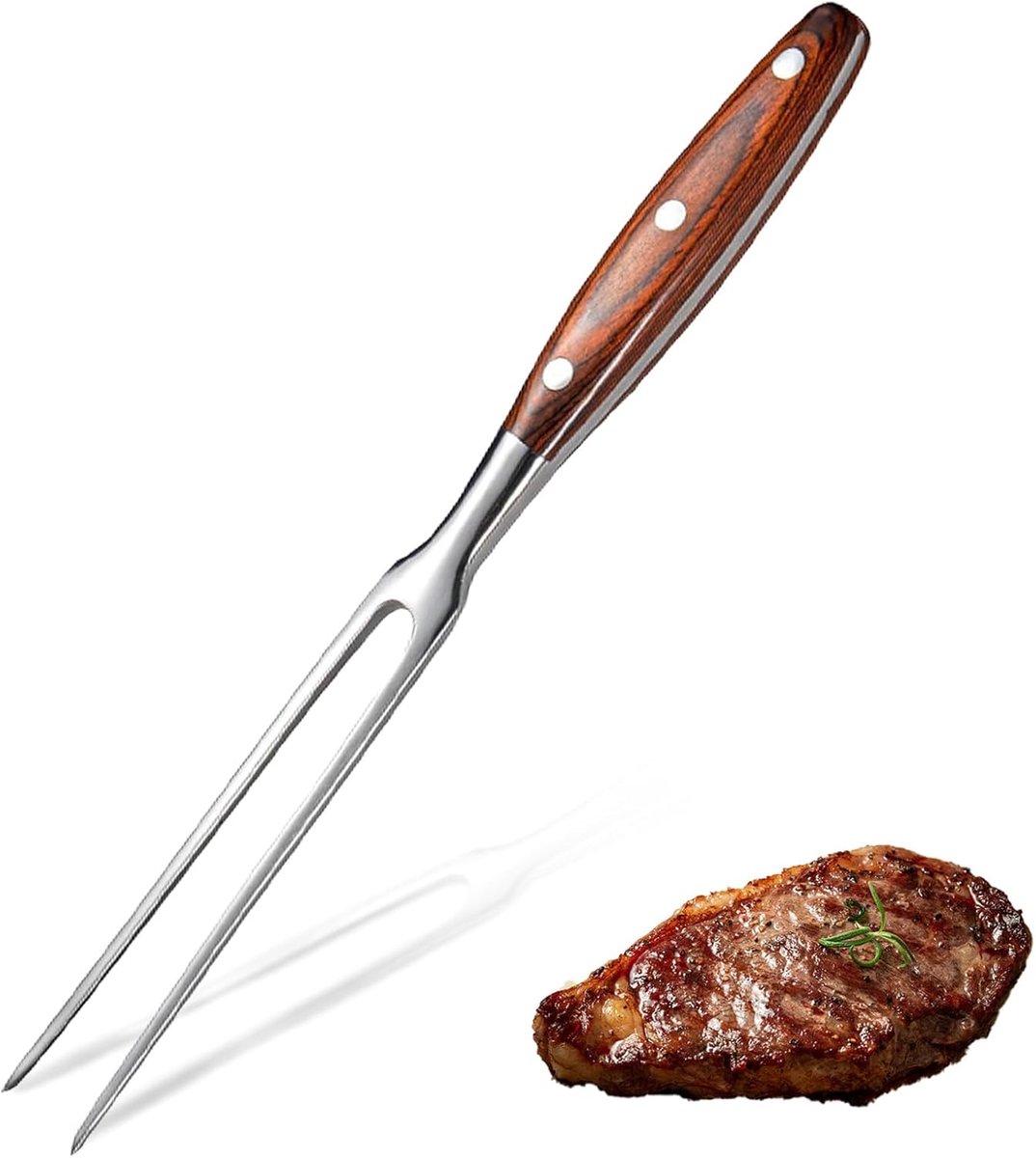 Stalen grillvork met houten handvat, vleesvork van roestvrij staal, vleesvork met houten handvat, trancheervork van roestvrij staal, voor varkensvlees, kalkoenkip, rundvlees