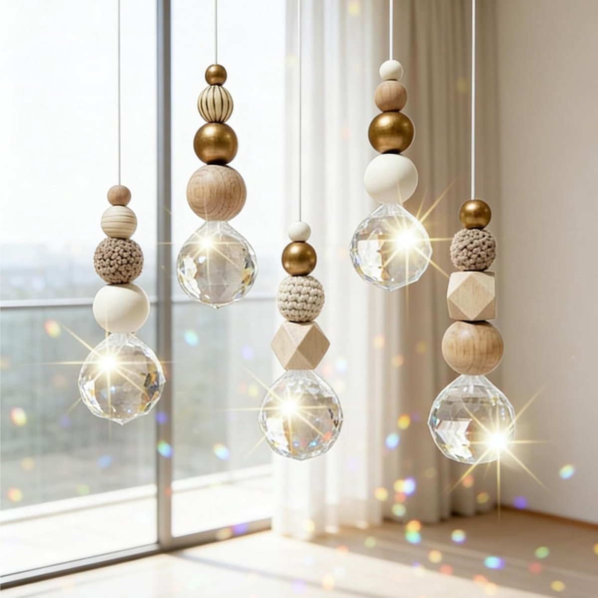 Zonnevangers met kristallen ramen, zonnevangers met houten kralen en kristallen bol, raamdecoratie, hangend voor ramen, huis, tuin, feest, bruiloft, kerstdecoratie