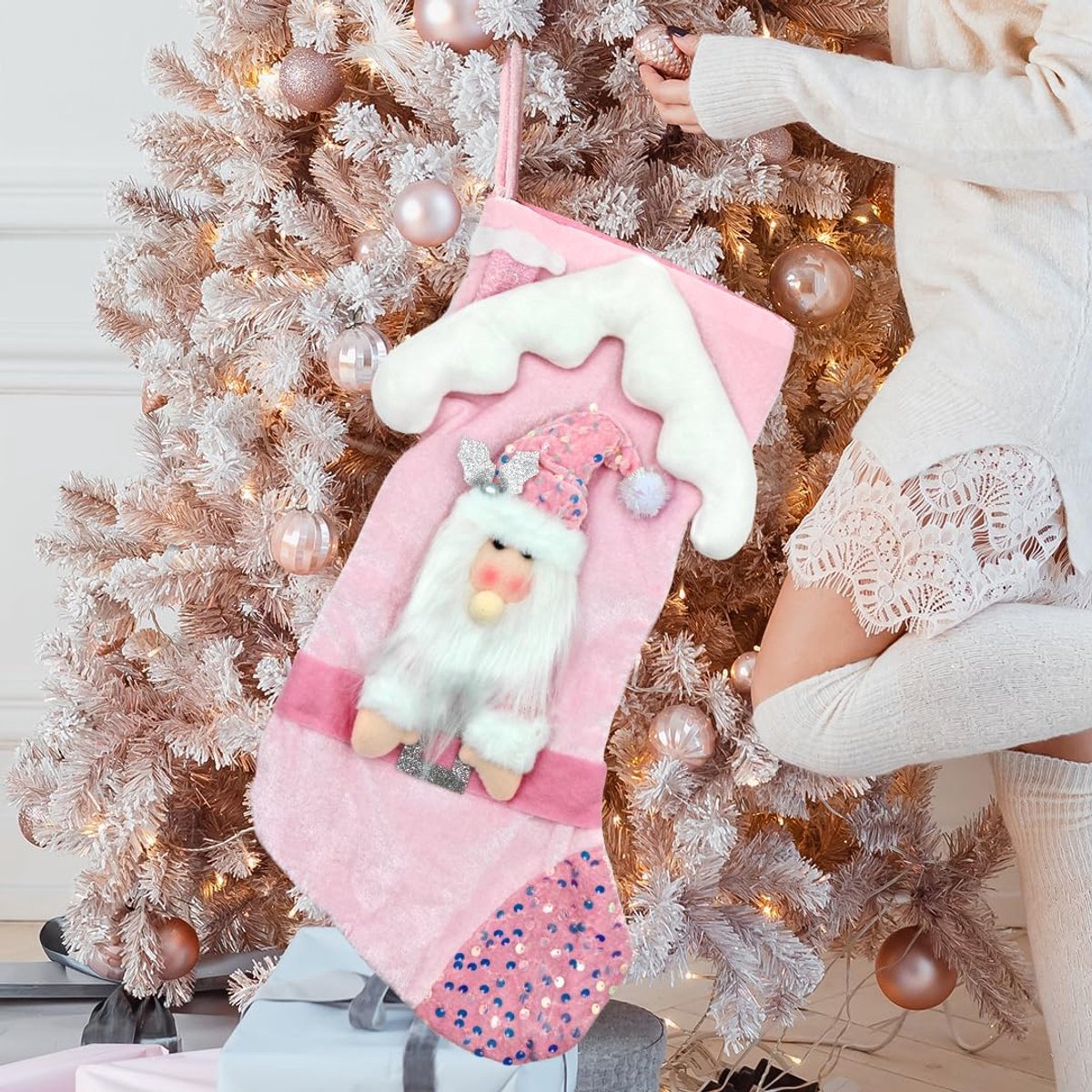 17 Inch Roze Grote 3D Kerstman Opknoping Sok met Glitter Decor, voor Open Haard Kerst Decoratie Herbruikbare Gift Bag (Kerstman)