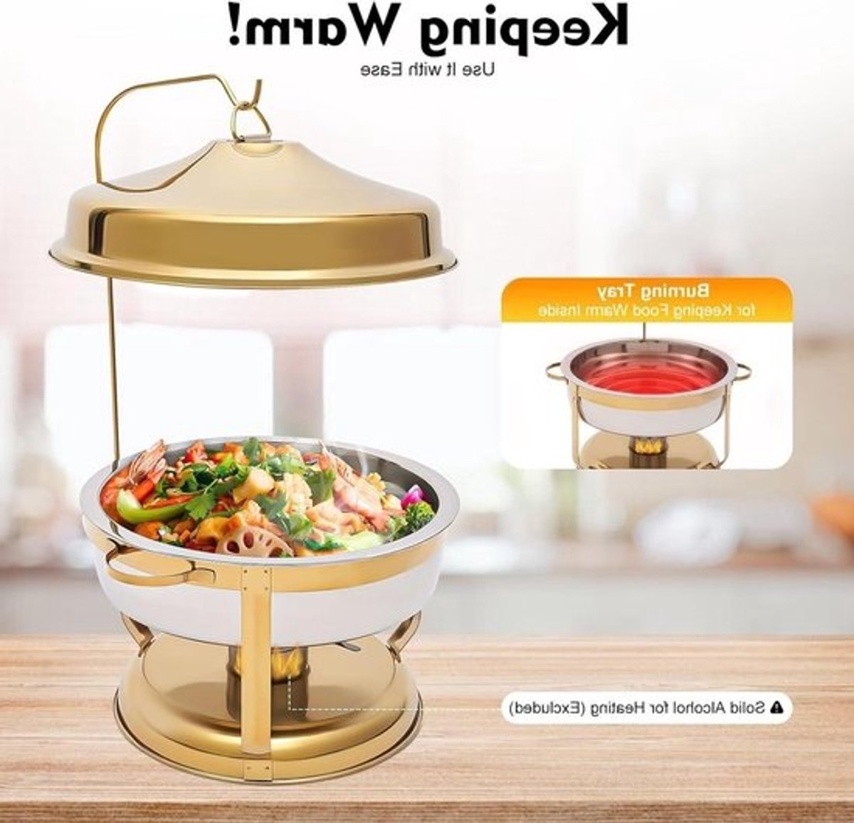 Buffet Verwarmer - Chafing Dish - Eten Warm Houden - Hangend Deksel - 9 Liter - Goud