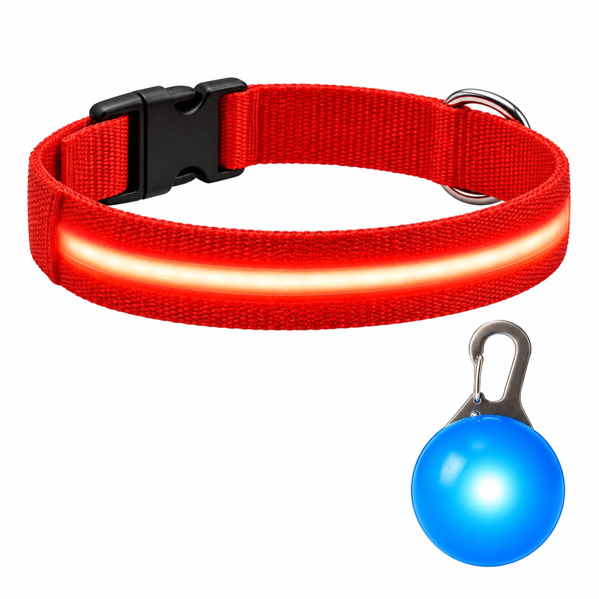 Professor Q LED Halsband Hond - Rood L (41–52 cm) - Blauw LED Lampje - Nylon USB Oplaadbaar