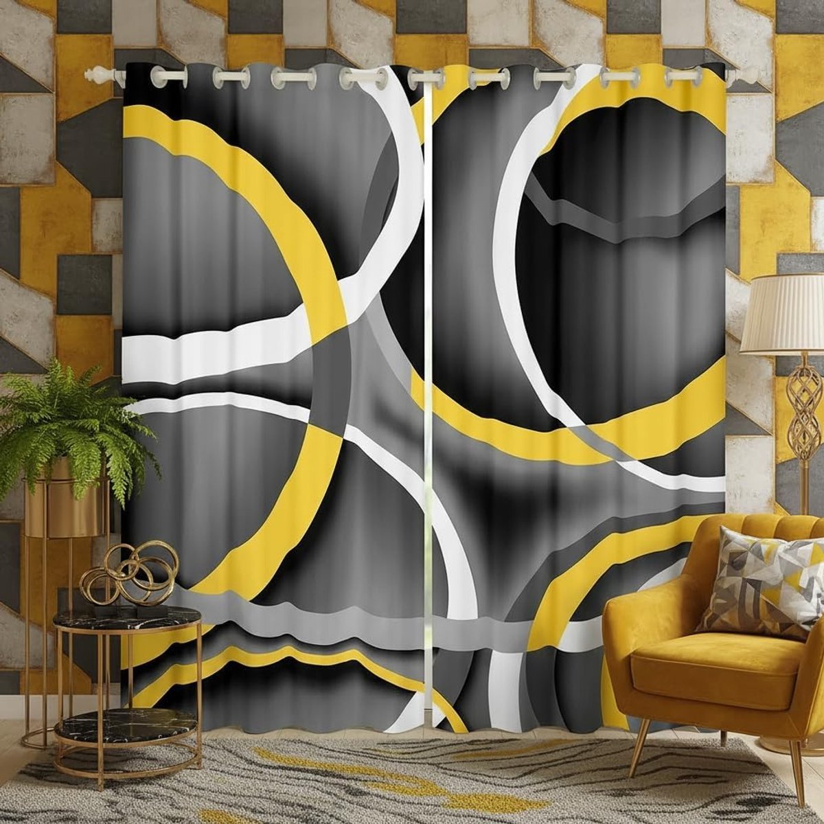 abstracte strepen raamgordijnen voor slaapkamer, S-formaat moderne retro stijl schaduw woondecoratie geometrische cirkelgolven raamgordijnen 2 panelen voor kinderen