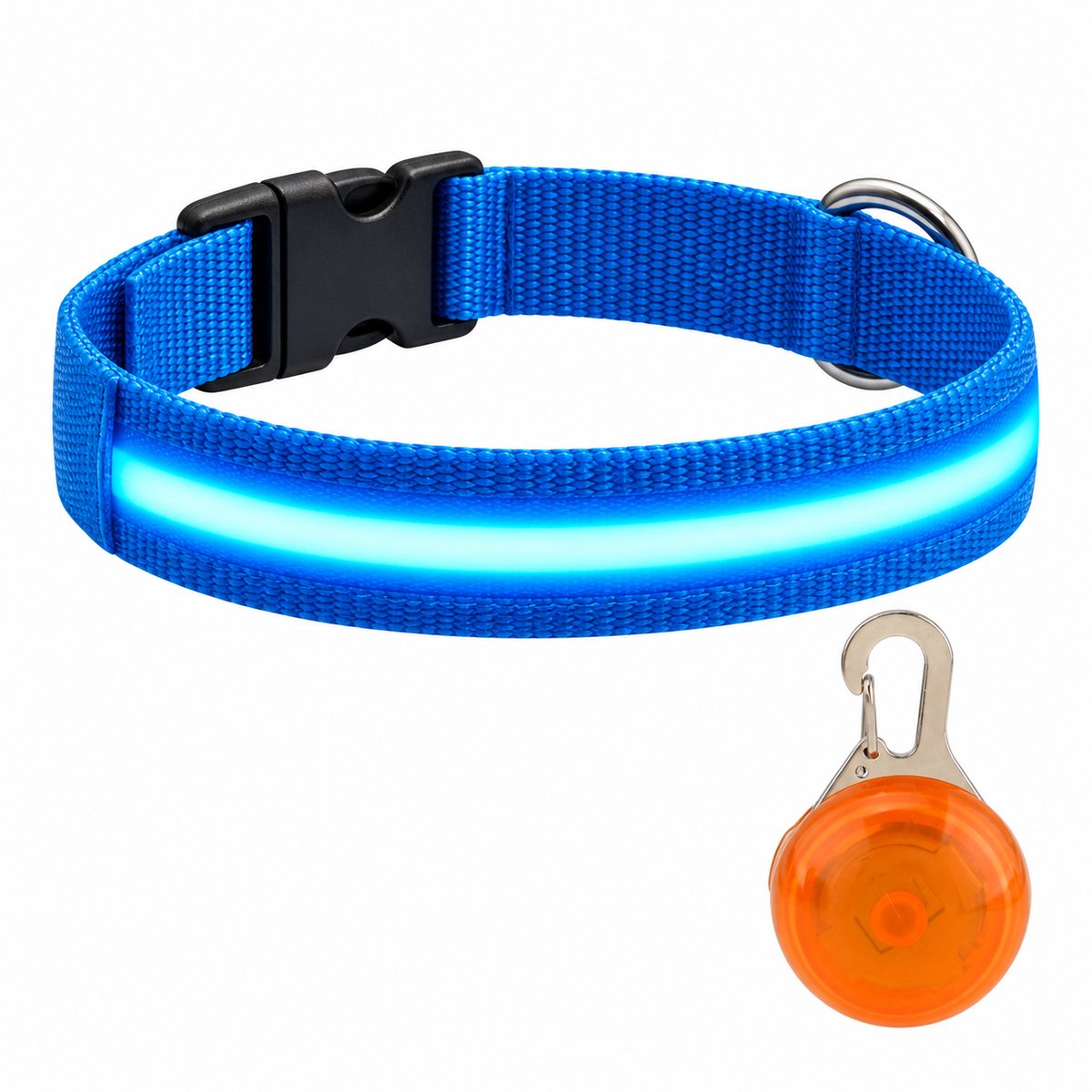 Professor Q LED Halsband Hond - Blauw XS (28–32 cm) - Oranje LED Lampje - Nylon USB Oplaadbaar