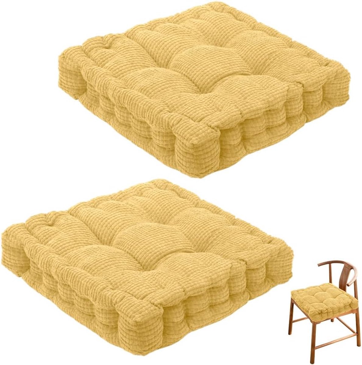 Set van 2 stoelkussens, zitkussen 40 x 40 cm, voor binnen en buiten, dikke kussens voor vloer, stoelkussen, geschikt voor huis, tuin (geel)