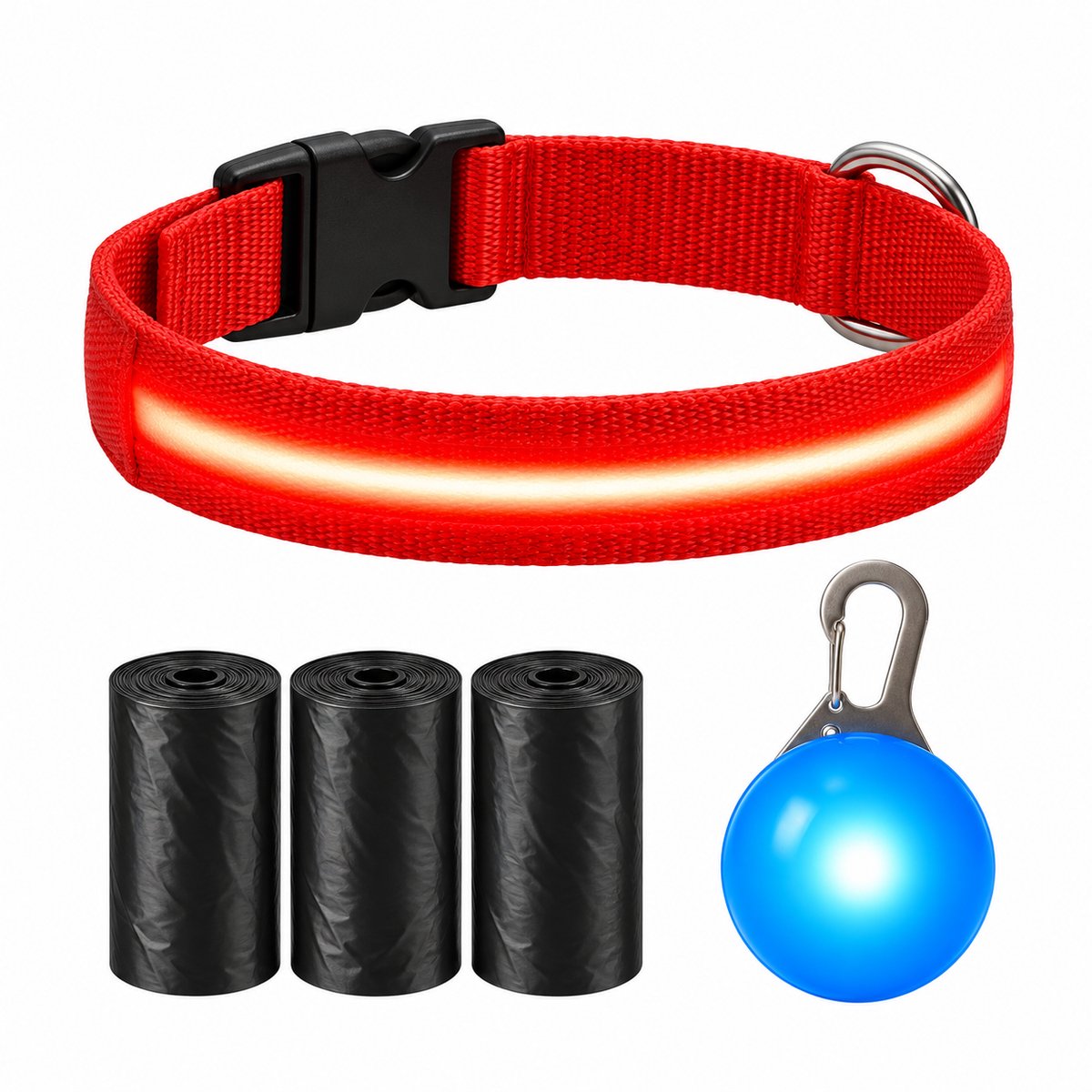Professor Q LED Halsband Hond - Rood XS (28–32 cm) - Blauw LED Lampje + 45 Poepzakjes - Nylon USB Oplaadbaar