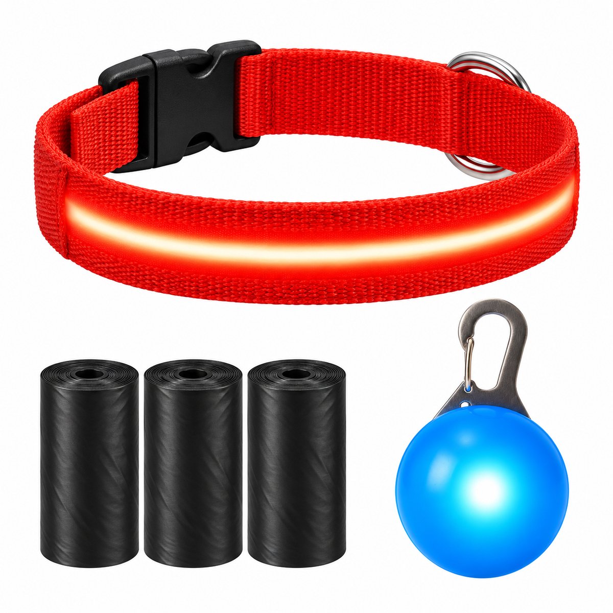 Professor Q LED Halsband Hond - Rood S (34–41 cm) - Blauw LED Lampje + 45 Poepzakjes - Nylon USB Oplaadbaar