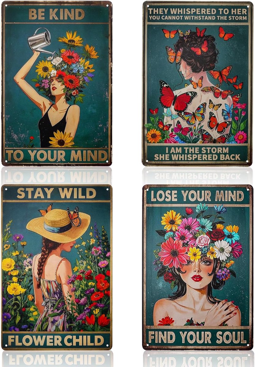4 stuks vintage metalen borden, inspirerende hippie-posters, wanddecoratie