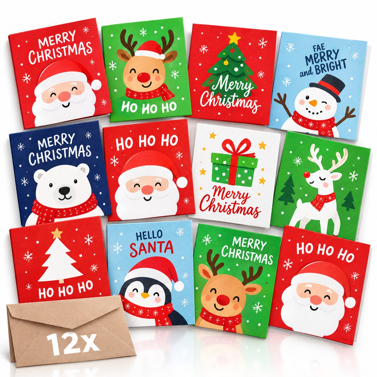 Twenty4seven® Kerstkaarten 12 Stuks met Enveloppen - Luxe Kerst Wenskaarten 14x9 cm - Nieuwjaarskaarten & Ansichtkaarten - Compact Formaat