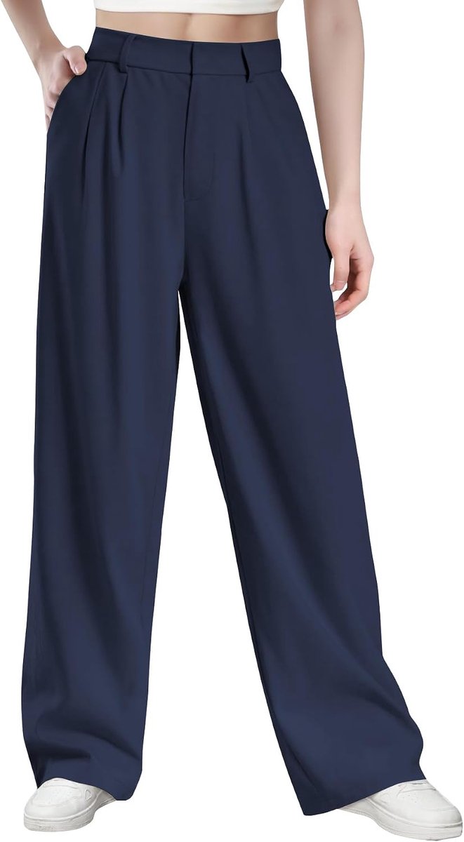 Casual damesbroek met hoge taille, polyesterweefsel, elastaan met hoge dichtheid, elegante en geraffineerde werkbroek met zakken