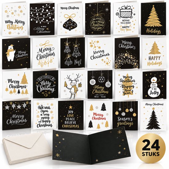 Overzicht van een set van 24 luxe kerstkaarten in zwart, wit en goud met diverse kerst- en nieuwjaarsontwerpen.