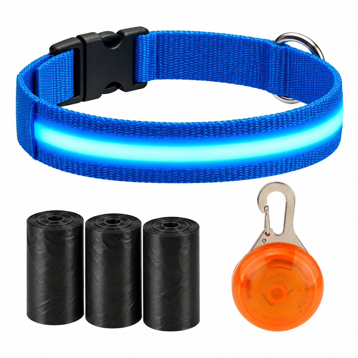 Professor Q LED Halsband Hond - Blauw L (41–52 cm) - Oranje LED Lampje + 45 Poepzakjes - Nylon USB Oplaadbaar